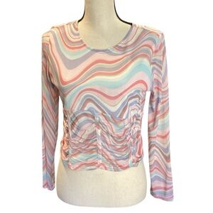 Madden NYC Semi-Sheer Ruched Corset Style Long Sleeve Top, Blushing‎ Bride XL
